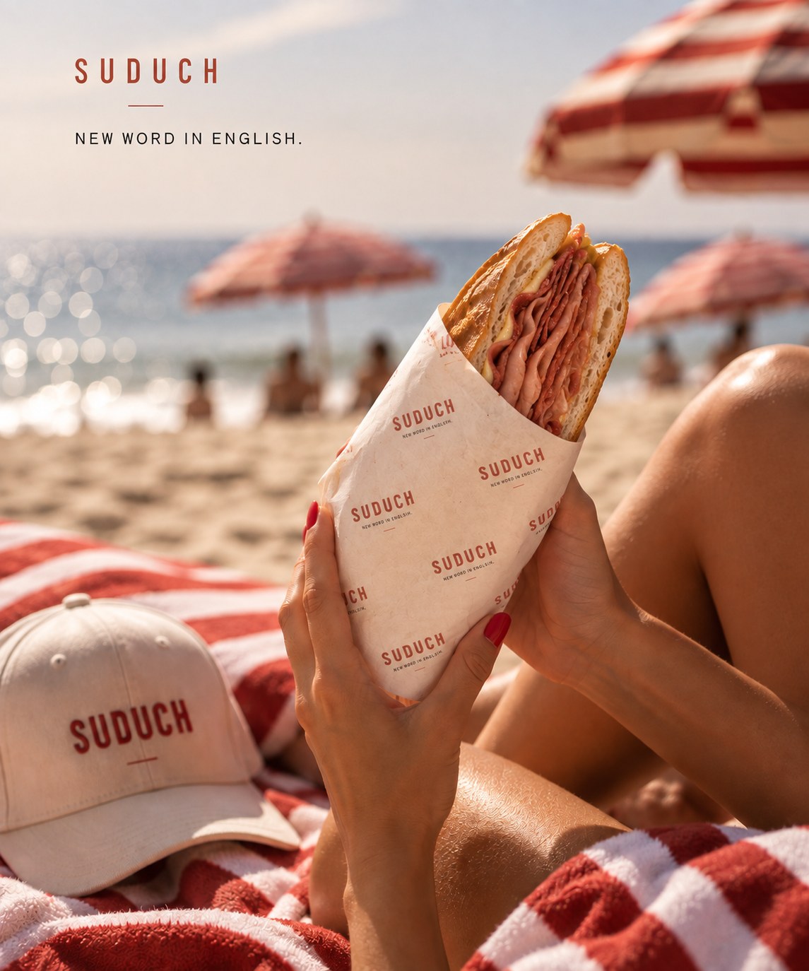 A wrapped Suduch sandwich enjoyed beside the beach under red-and-cream umbrellas