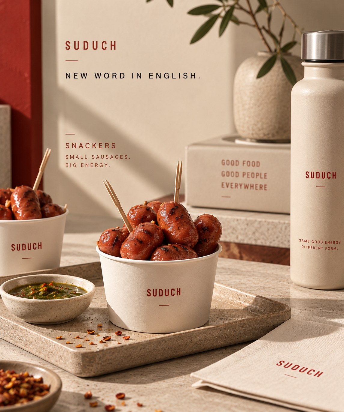 Suduch bite-sized snacks in cream cups with dipping sauce