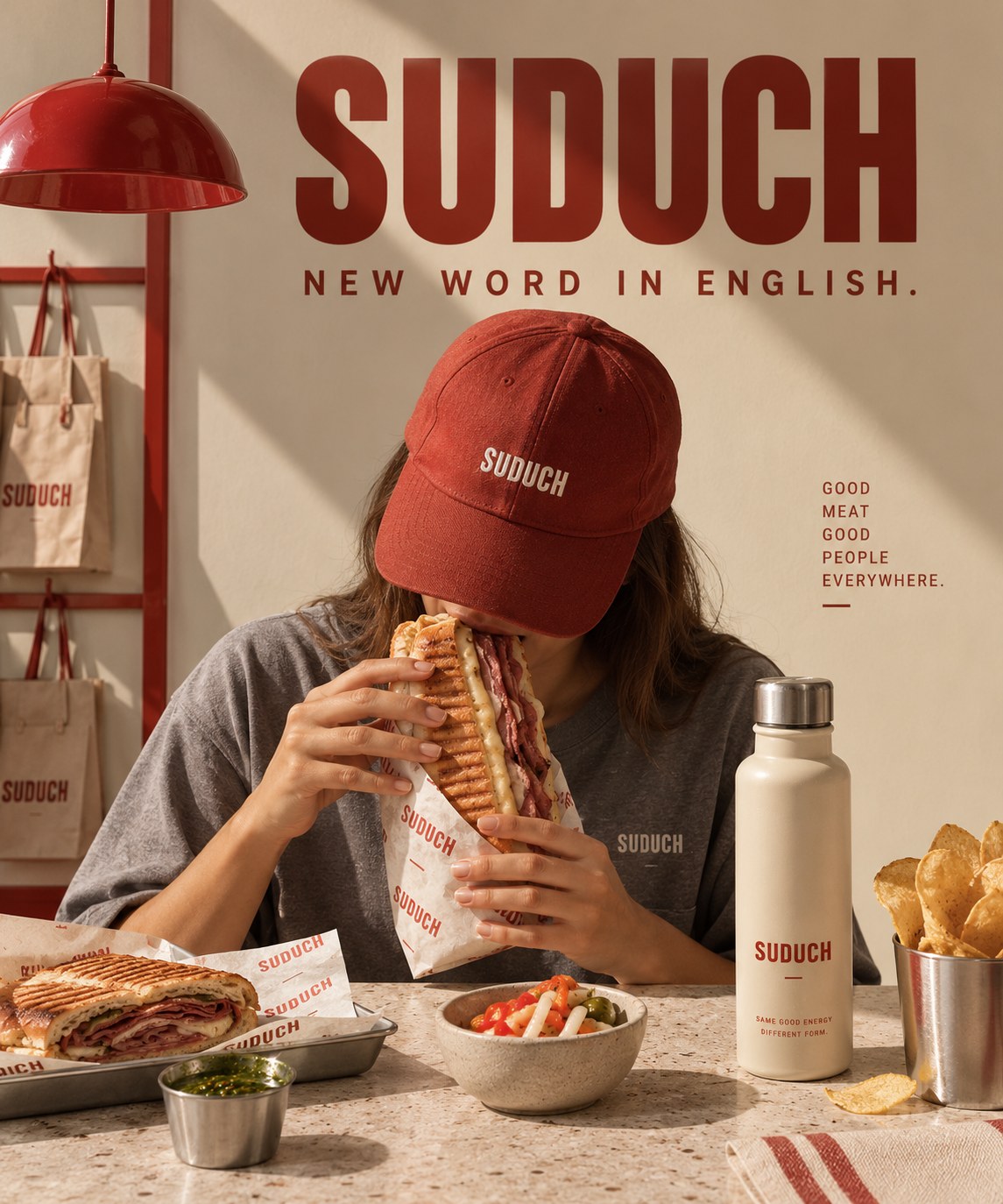 A relaxed lunch moment with a Suduch sandwich and bottled drink