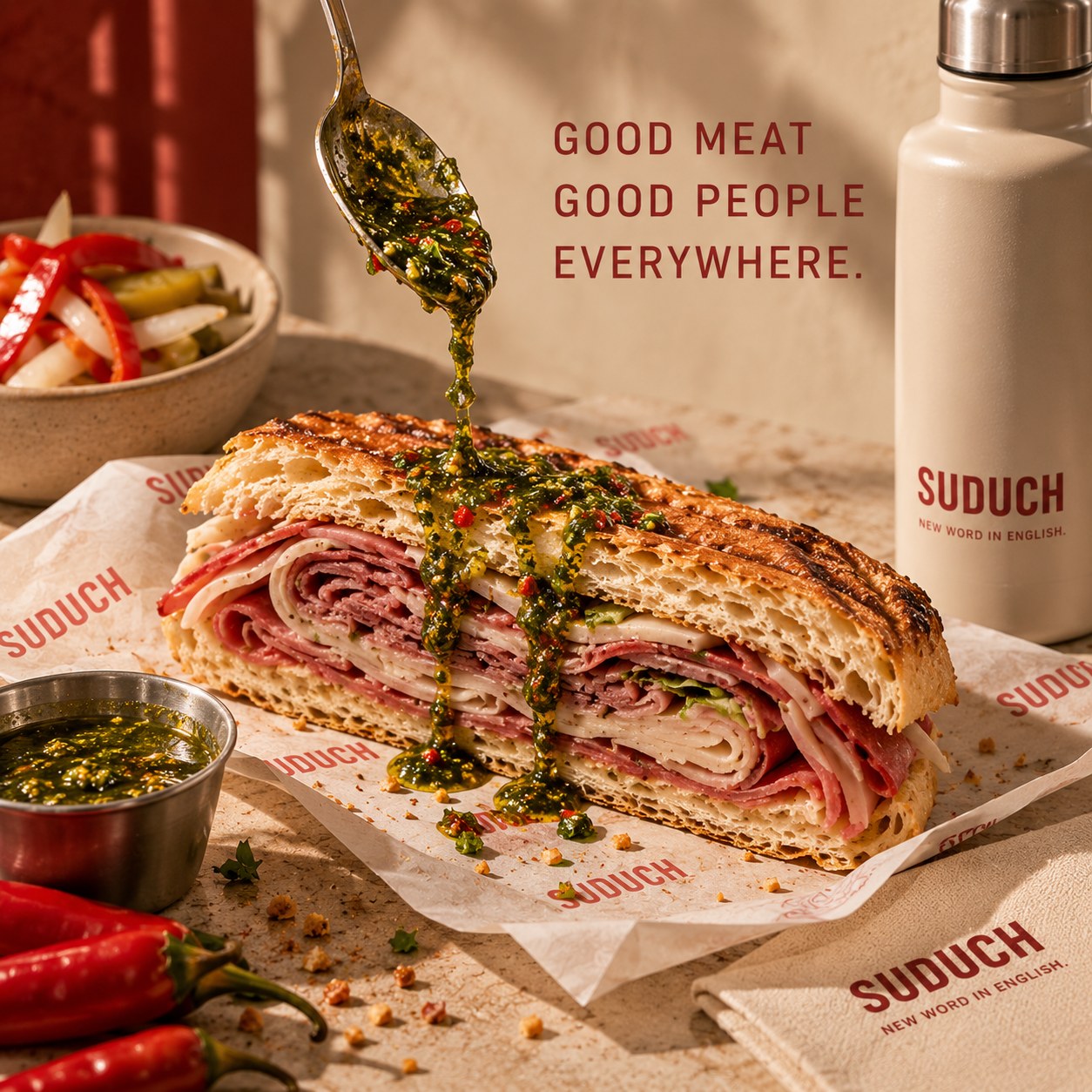 Golden toasted Suduch sandwich with sliced meat and a spoonful of green sauce